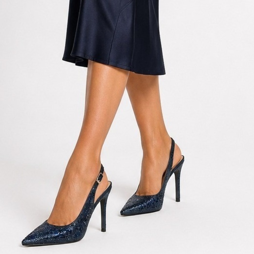 Lauren‎ Lorraine Rhinestone Pointed Toe Slingback Stiletto Heels Navy Sz 8.5 NWB